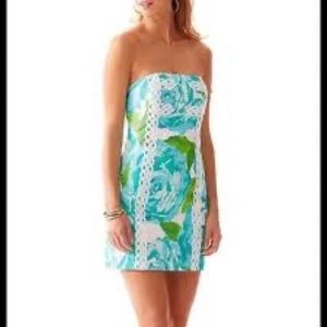 HTF Lilly Pulitzer in Poolside Blue First Impressions strapless cocktail